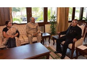 The Governor of Arunachal Pradesh Lt. Gen (Retd) Nirbhay Sharma and First Lady of the State Smt Jyotsna Sharma with the President of India Shri Pranab Mukherjee in the Office Chamber of the Governor, Raj Bhawan, Itanagar on 30th November 2014